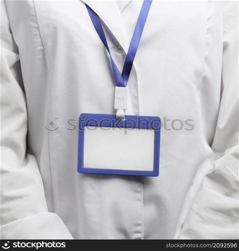 front view female researcher with name badge