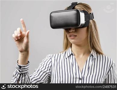 front view female scientist with virtual reality headset