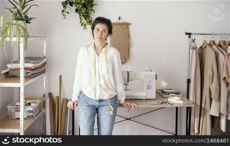 front view female tailor posing studio with sewing machine
