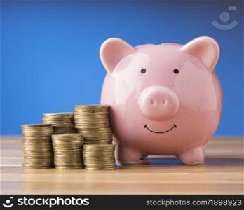 front view finance elements with pink piggy bank. Resolution and high quality beautiful photo. front view finance elements with pink piggy bank. High quality beautiful photo concept