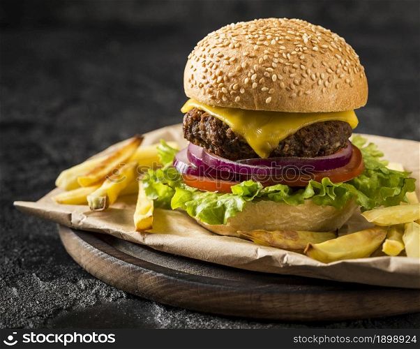 front view fresh burger fries plate. Resolution and high quality beautiful photo. front view fresh burger fries plate. High quality beautiful photo concept