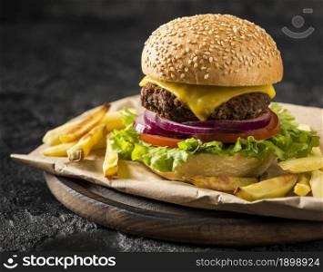 front view fresh burger fries plate. Resolution and high quality beautiful photo. front view fresh burger fries plate. High quality beautiful photo concept