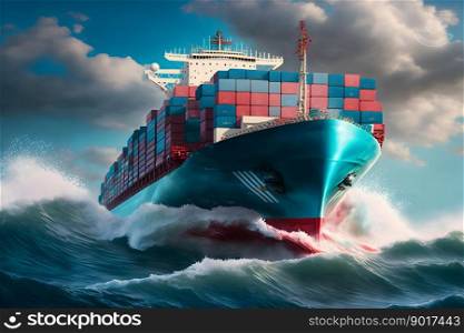Front view from bow of a large blue shipping container ship in the ocean. Neural network AI generated art. Front view from bow of a large blue shipping container ship in the ocean. Neural network generated art