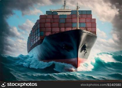 Front view from bow of a large blue shipping container ship in the ocean. Neural network AI generated art. Front view from bow of a large blue shipping container ship in the ocean. Neural network generated art