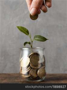 front view hand adding coin jar with plant other coins. Resolution and high quality beautiful photo. front view hand adding coin jar with plant other coins. High quality beautiful photo concept