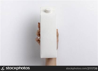 front view hand holding simple milk carton