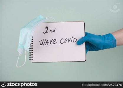front view hand with surgical glove holding notebook saying second wave covid