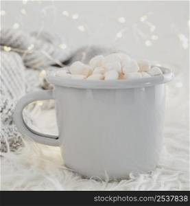 front view hot chocolate with marshmallows blanket
