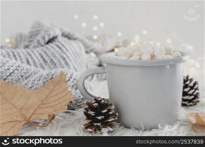 front view hot chocolate with marshmallows wool blanket