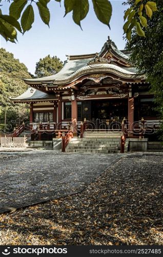 front view japanese temple with autumn leaves