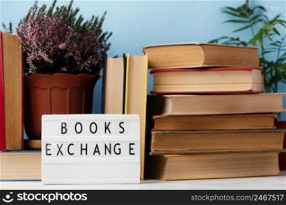 front view light box with stacked books plants