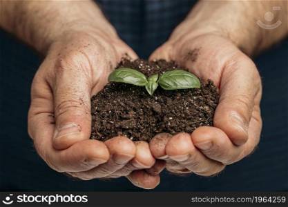 front view male hands holding soil growing plant. High resolution photo. front view male hands holding soil growing plant. High quality photo
