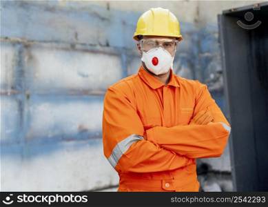 front view male laborer with hard hat copy space