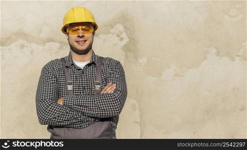 front view male worker uniform with protective gloves copy space