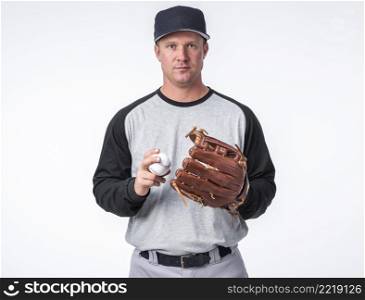 front view man posing with baseball glove