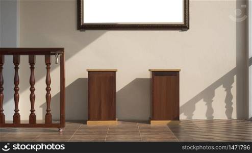 Front view of 2 wooden stands, little sliding gate fence, part of blank picture frame with sunlight and shadow on mastic yellow cement wall background in warm tone style, interior architecture concept