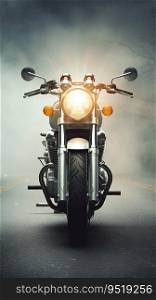 Front View of a Classical Motorbike Amidst Morning Fog. Generative ai. High quality illustration. Front View of a Classical Motorbike Amidst Morning Fog. Generative ai