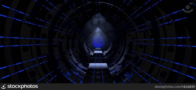 Front view of a dark corridor with a round structure with a window at the end of the tunnel with blue lights with a mysterious atmosphere inside a spaceship. 3D Illustration. Front view of a dark corridor with a window at the end of the tunnel with blue lights with a mysterious atmosphere inside a spaceship. 3D Illustration