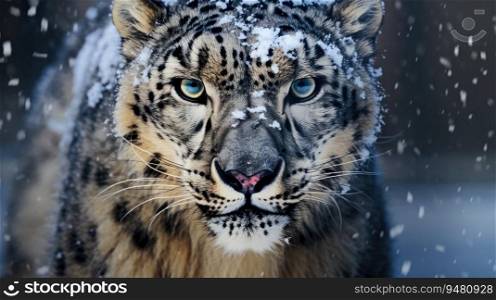 Front view of a fierce snow leopard. Generative AI