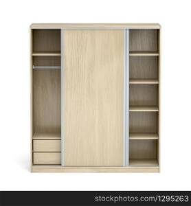 Front view of an empty wood wardrobe with sliding doors on white background
