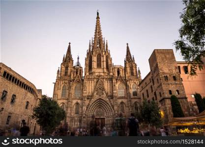 Front view of Barcelona&rsquo;s gothic Cathedral at dusk, also known as La Seu, located in the heart of Barcelona&rsquo;s Gothic Quarter. Long exposure.