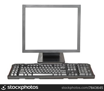 front view of black display with cut out screen and keyboard isolated on white background