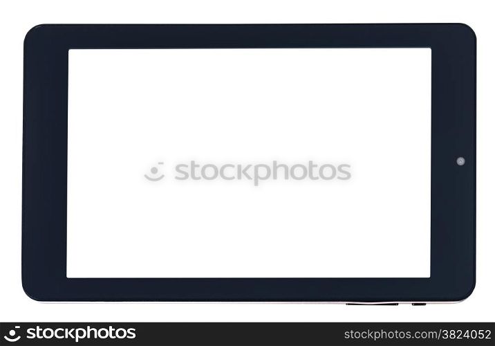 front view of black tablet pc with cut out screen isolated on white background