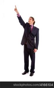 front view of businessman pointing up on an isolated background
