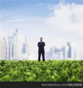 Front view of businessman with arms crossed standing in a green field with city skyline in the background