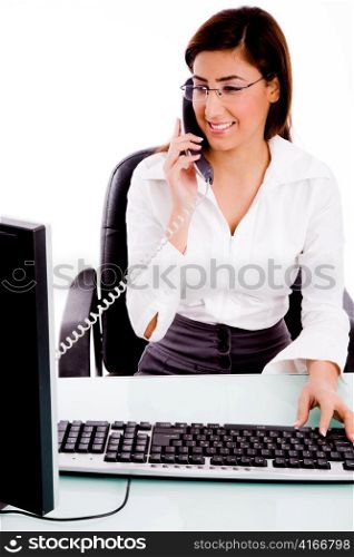 front view of businesswoman busy on phone with white background