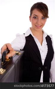 front view of businesswoman showing bag against white background