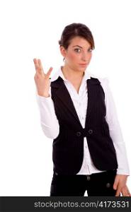 front view of businesswoman showing fingers with white background
