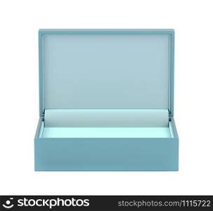 Front view of empty leather turquoise colored box for jewelry or gifts on white background