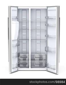 Front view of empty side-by-side refrigerator on white background