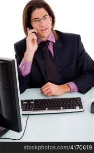 front view of executive talking on phone with white background