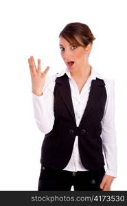 front view of female counting fingers on an isolated white background