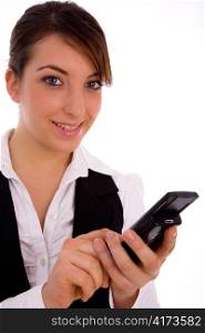 front view of female holding cell phone with white background