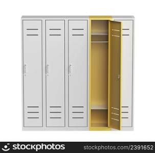 Front view of five lockers on white background, one opened