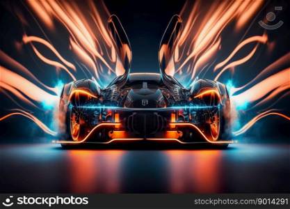 Front view of futuristic neon illuminated car with doors lifted up. generative ai
