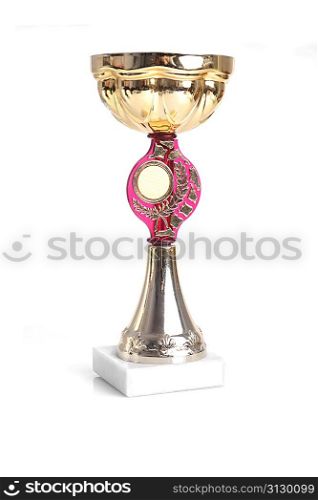 front view of gold sport cup on white background.