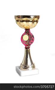 front view of gold sport cup on white background.