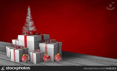 Front view of group of white gift boxes with ribbon and red bows on a white wooden floor adorned with red balls and white Christmas tree on a red background. 3D Illustration. White gift boxes with ribbon and red bows on a white wooden floor adorned with red balls and white Christmas tree on a red background. 3D Illustration