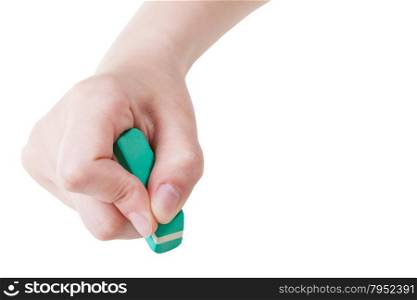 front view of hand with green rubber eraser isolated on white background