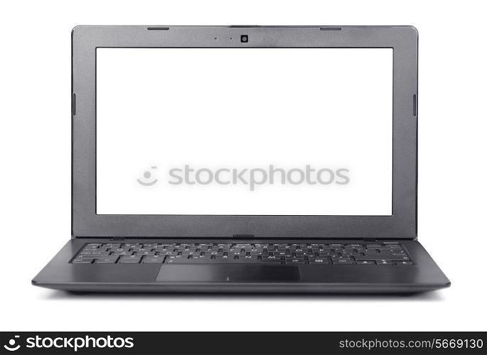 Front view of laptop with blank screen isolated on white
