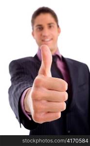front view of manager with thumbsup on an isolated white background