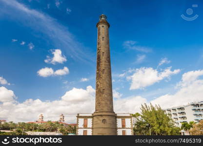 Front view of Maspalomas lighthouse on blue sky background. Gran Canaria, Spain