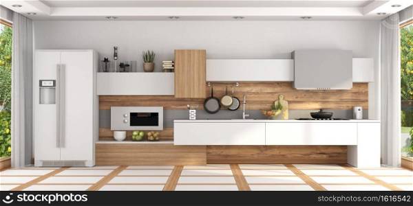 Front view of modern white and wooden kitchen - 3d rendering. Front view of modern kitchen