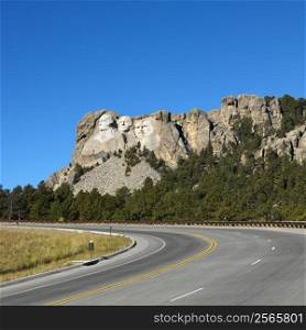 Front view of Mount Rushmore National Memorial from road.