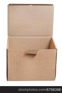 front view of open cardboard container isolated on white background