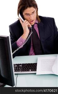 front view of professional talking on phone on an isolated background